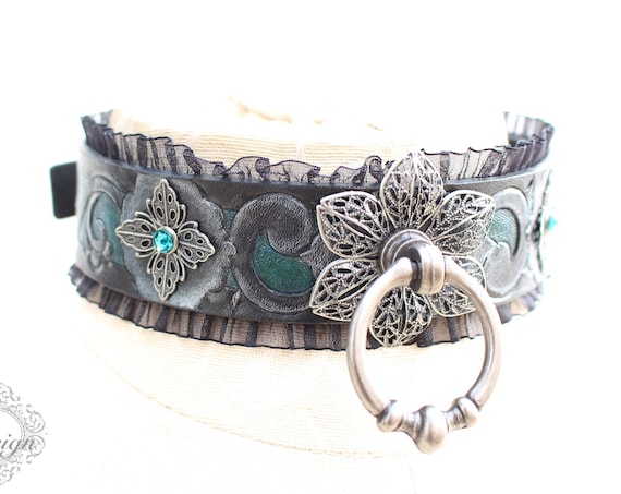 Fetish leather collar- "Garden of Otherworldly Delights." READY TO SHIP! 1 Small (12-14 in) and 1 Medium (14-16in)