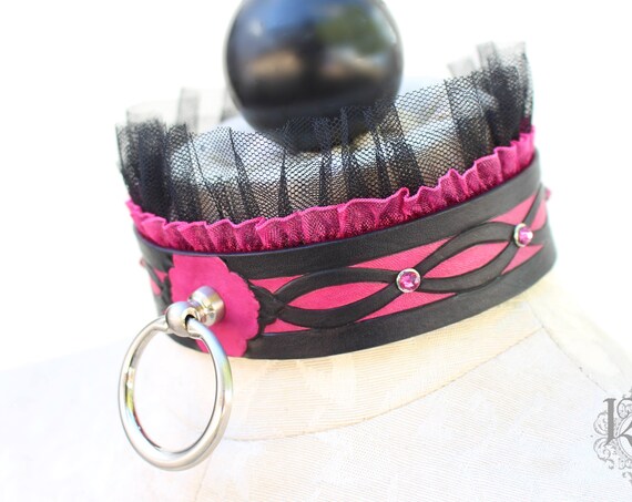Fetish leather collar- "Jewels and Vines" Swarovski gem accents with modern style collar ring. Several colors available!