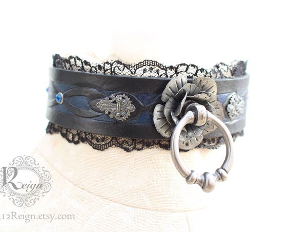 Fetish leather collar- "Mina's Eternal Rose" Swarovski gems with metal rose and filigree detailings. READY TO SHIP! Size: Small (12-14in)
