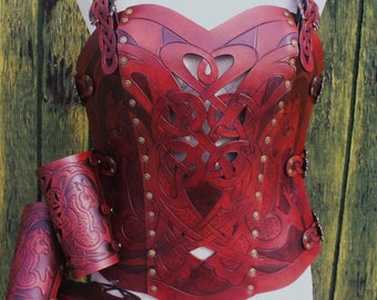 Leather armor corset and bracers! Viking Celtic owl cut-out design in heavy duty leather. Buy together and SAVE! Now in two-tone Mahogany!