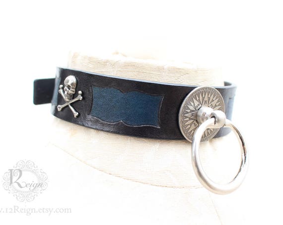 Fetish leather collar- "First Mate" Pirate design. READY TO SHIP! 1 Small (12-14in) and 1 Medium (14-16in) available.