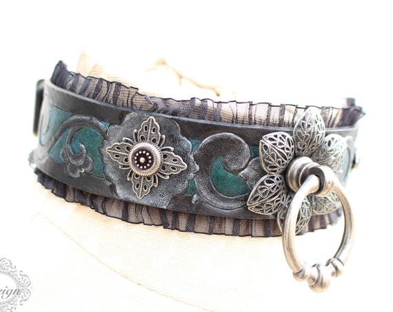 Fetish leather collar- "Garden of Otherworldly Delights." READY TO SHIP! Size Small (12-14 inch)