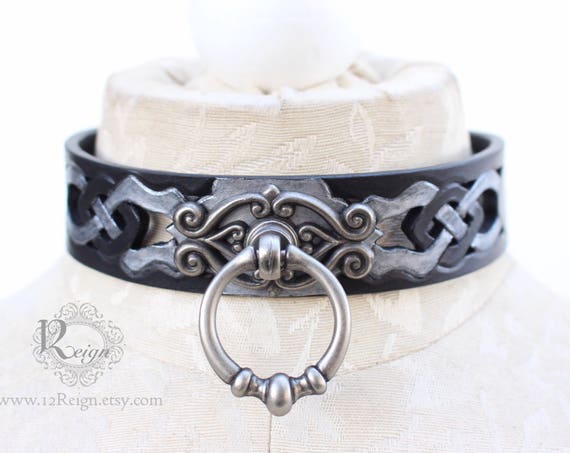 Fetish leather collar, Celtic- "Dark Drow" knot-work cut-out design. NEW Antique Metallic color & center ring. Many sizes available!