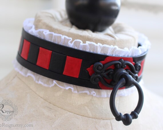 Fetish leather collar- "A Collar to Match Those Socks" stripe design with white ruffle trim. Several colors available!