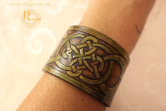 Leather wristband, Celtic- infinity quad knot bracelet design in natural greens and browns. NEW snap closure and custom sizing available!