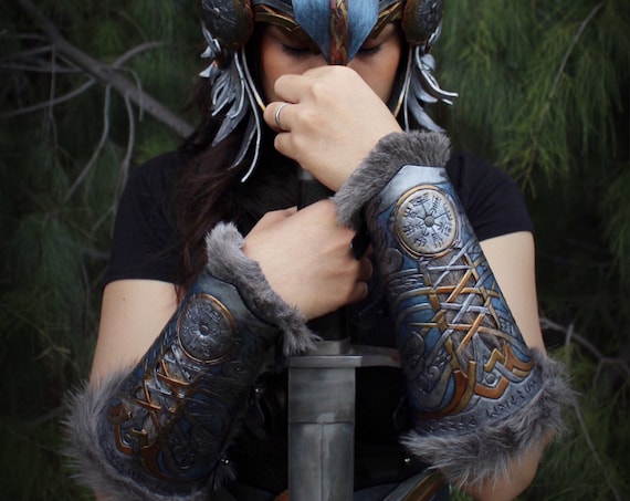 Leather bracers- Viking Valkyrie Wonder Woman inspired fur lined bracers featuring eagle and Norse compass design