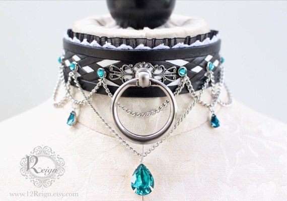 Fetish leather collar- "Couture Courtier" Black and white lattice design with Swarovski gems of your choice!