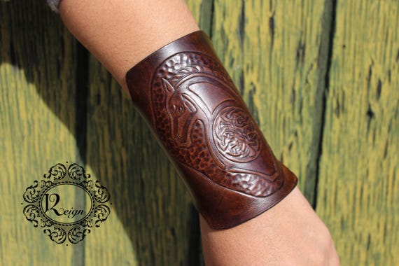 Celtic Leather Bracelet- "Bracerlet" Horse and Knotted Shield - Available in all colors and sizes!