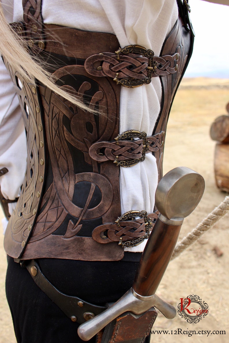 Leather armor corset, Viking design celtic dragon cut-out design in heavy duty leather. Several sizes available image 2