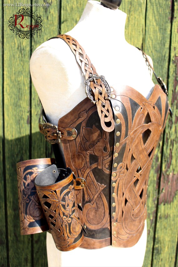 Leather armor corset and bracers! Viking celtic wolf cut-out design in heavy duty leather. Buy together and SAVE! Now in Dark Brown & Black!