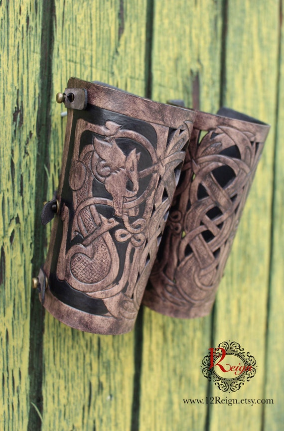 Leather bracers, Viking- "Skoll and Hati" HALF LENGTH celtic wolf cut-out design