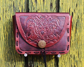 Leather Viking pouch- Celtic owl design with custom concho closure. Now available in 2-tone Mahogany!