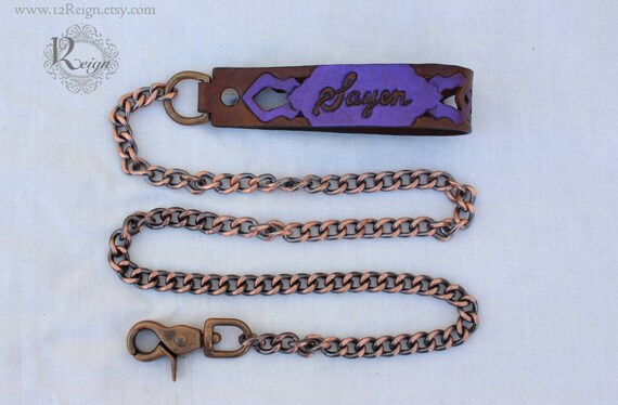 Collar Leash~ leather and chain made to match mahogany collar design: "Woodland Servant"