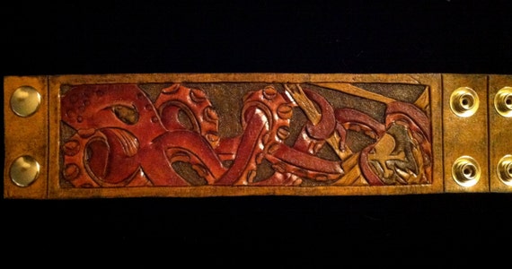 Leather wristband, Pirate- "Pirates Demise: kraken vs. pirate" octopus/leviathan battles pirate ship. Custom sizing available!