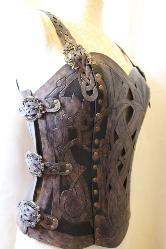 Leather armor corset, Viking design- celtic wolf cut-out design in heavy duty leather. Several sizes available!