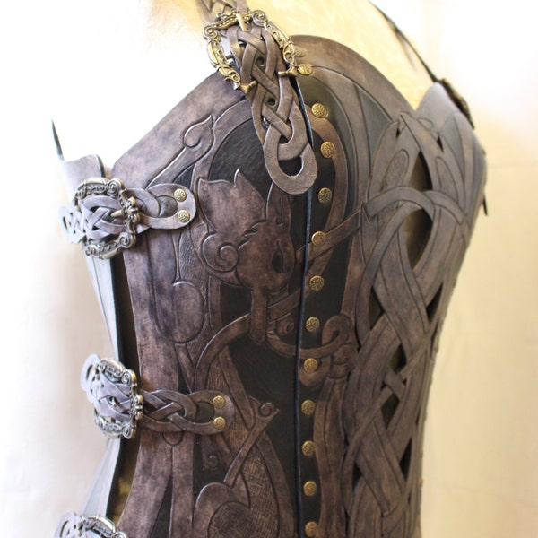 Leather armor corset, Viking design- celtic wolf cut-out design in heavy duty leather. Several sizes available!