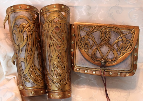 Leather bracers AND pouch, Viking- "Floki" celtic dragon cut-out design. Buy the full length bracers and pouch together and get a DISCOUNT!