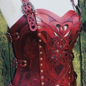 Leather armor corset, Viking design- celtic owl cut-out design in heavy duty leather. Several sizes available! Now in two-toned Mahogany!