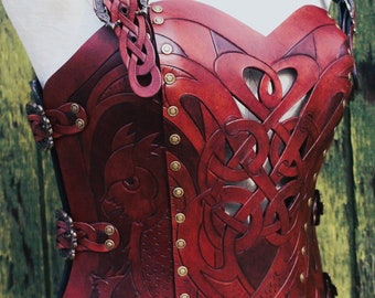 Leather armor corset, Viking design- celtic owl cut-out design in heavy duty leather. Several sizes available! Now in two-toned Mahogany!