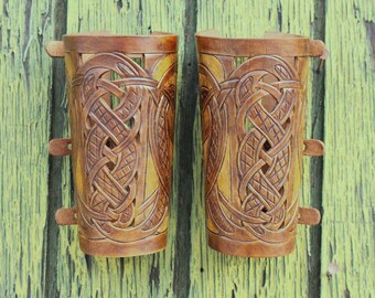 Leather bracers, Viking- "Floki" HALF LENGTH celtic dragon cut-out design. NEW warm honey and antique brown dyes!