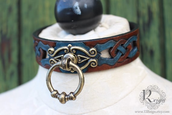 Fetish leather collar, Celtic- "Woodland Servant" knot-work cut-out design. Dark Brown dye & antique gold ring. Accent colors available!