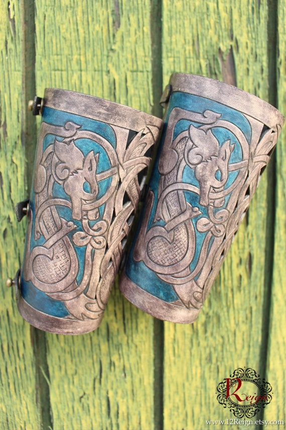 Leather bracers AND pouch, Viking- "Skoll and Hati" celtic wolf cut-out design. Buy together at a DISCOUNT! Now available in Gray & Blue!