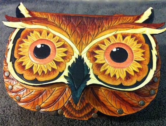 Leather purse, handbag- "Seeing Sunflowers" tooled leather owl purse with sunflower eyes