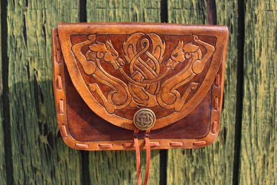 Leather Viking pouch- "Skoll and Hati" dual celtic wolf design with custom concho closure. Now available in 2-tone Brown!