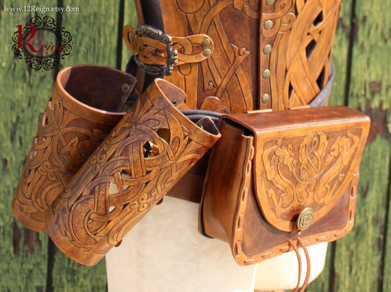 Leather bracers AND pouch, Viking- "Skoll and Hati" celtic wolf cut-out design. Buy together at a DISCOUNT! Now available in 2-tone Brown!