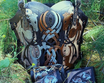 Leather armor corset, bracers AND pouch! Viking design- celtic horse cut-out design in heavy duty leather. Buy together & get a DISCOUNT!