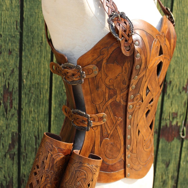 Leather armor corset and bracers! Viking celtic wolf cut-out design in heavy duty leather. Buy together & SAVE! Now in 2-tone Brown!