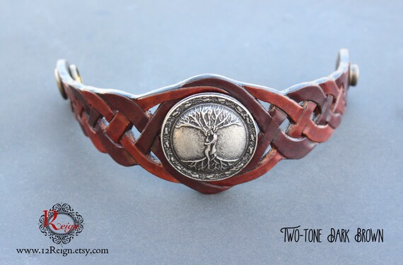 Leather Tree of Life Druid wristband. "We Entwined" 925 antique silver plated emblem. Snap closure with custom sizing available!