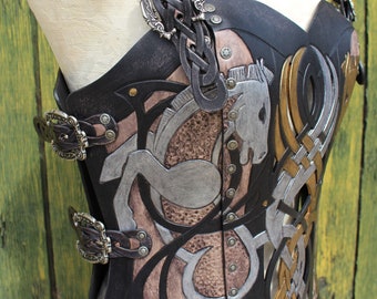 Leather armor corset, Viking design- celtic horse cut-out design in heavy duty leather. Several sizes available!