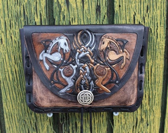 Leather Viking pouch- dual celtic horse design with custom concho closure