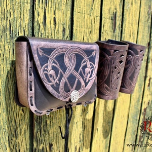 Leather bracers AND pouch, Viking Floki celtic dragon cut-out design. Buy the HALF length bracers and pouch together and get a DISCOUNT image 3