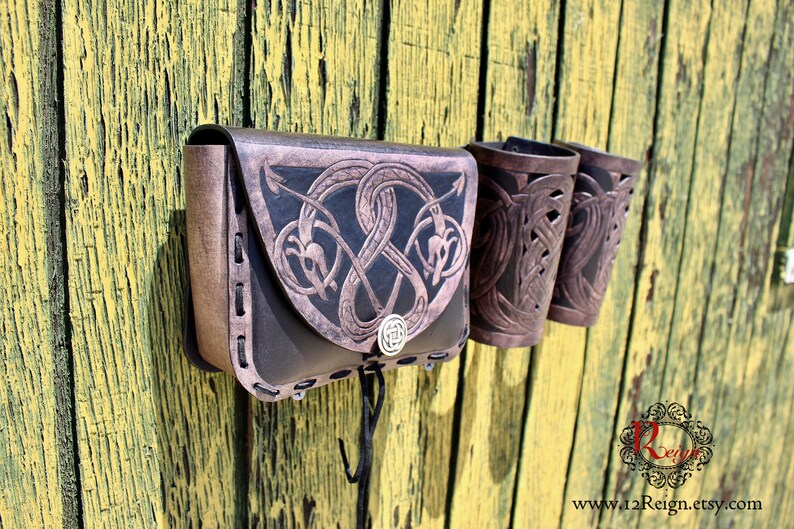 Leather bracers AND pouch, Viking Floki celtic dragon cut-out design. Buy the HALF length bracers and pouch together and get a DISCOUNT image 3