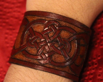 Leather wristband, Celtic- infinity quad knot bracelet design in natural brown tones. New snap closure with custom sizing available!