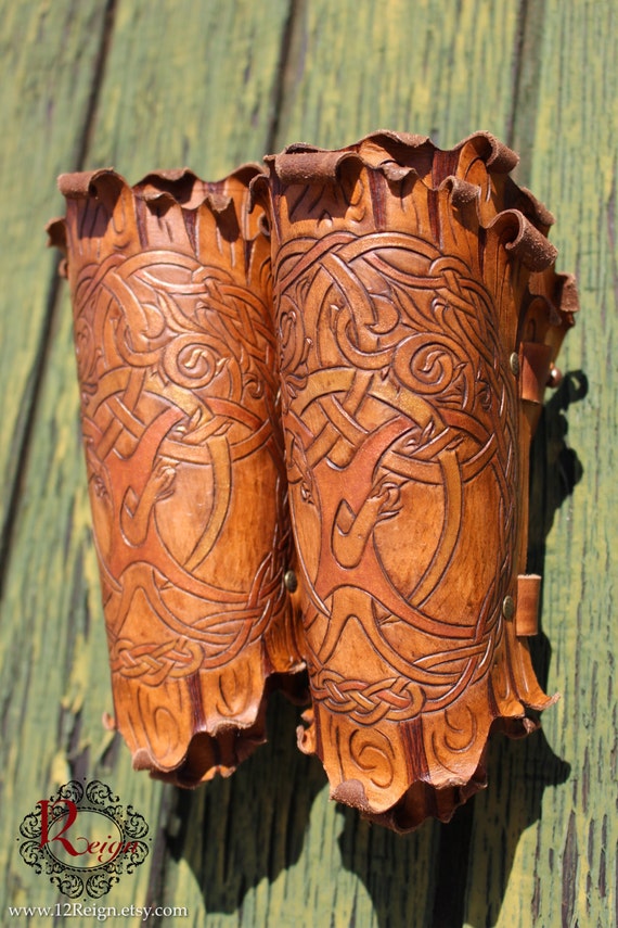 Leather bracers, Druid. "Tree of Life" Celtic knot-work design enhanced with gold and copper metallic hues!