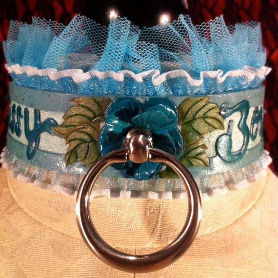 Fetish leather collar- READY TO SHIP! "Sissy Boy" teal metal rose center piece with Swarovski and glitter accents. Size medium (13-15 in)