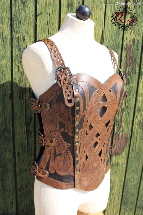 Leather armor corset, Viking design- celtic wolf cut-out design in heavy duty leather. Several sizes available! Now in Dark Brown & Black!