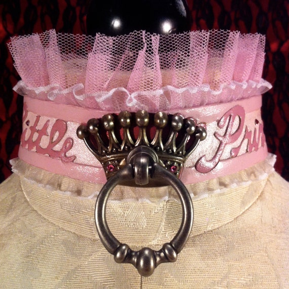 Fetish leather collar- "Little Princess" fairytale design w/ crown & angel wing findings and Swarovski gem accents