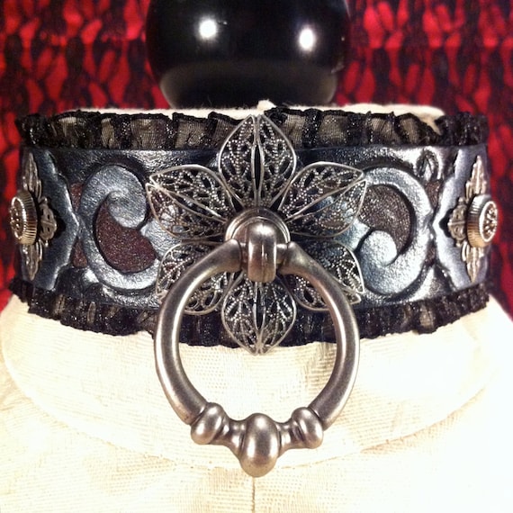 Fetish leather collar- "Garden of Otherworldly Delights" filigree flowers and pewter vines