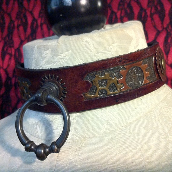 Fetish leather collar- Steampunk design collar with cog detailing. Available in different sizes!