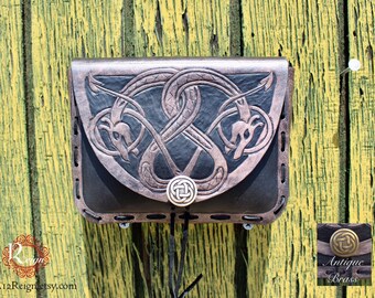 Leather Viking pouch- "Floki" dual celtic dragon design with custom concho closure