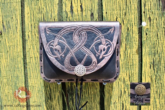 Leather Viking pouch- "Floki" dual celtic dragon design with custom concho closure