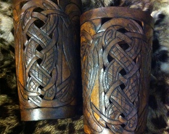 Leather bracers, Viking- "Buliwyf" HALF LENGTH celtic dragon cut-out design in Honey & Brown