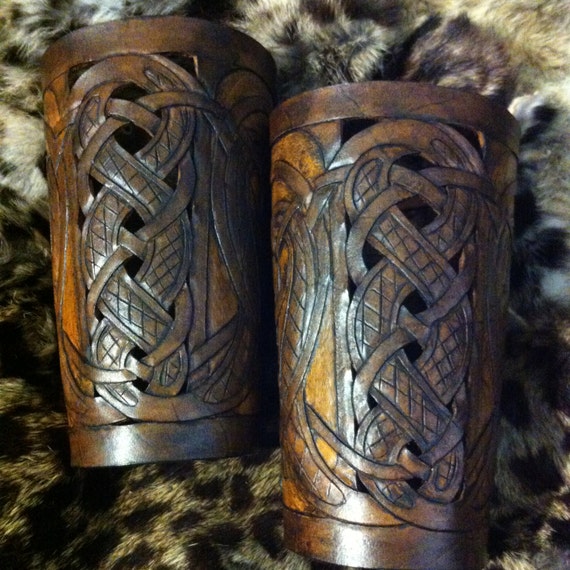 Leather bracers, Viking- "Buliwyf" HALF LENGTH celtic dragon cut-out design in Honey & Brown