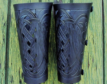 Leather bracers, Viking- "Floki" FULL LENGTH celtic dragon cut-out design. Now in all black!