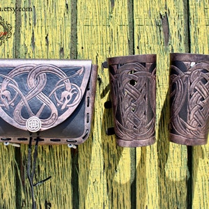 Leather bracers AND pouch, Viking Floki celtic dragon cut-out design. Buy the HALF length bracers and pouch together and get a DISCOUNT image 1