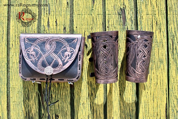 Leather bracers AND pouch, Viking- "Floki" celtic dragon cut-out design. Buy the HALF length bracers and pouch together and get a DISCOUNT!